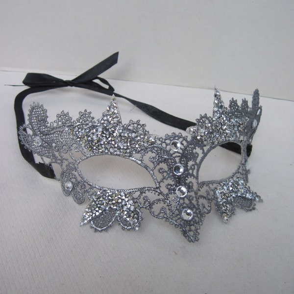 Silver Lace Mask with Crystal Stars & Faceted Crystals