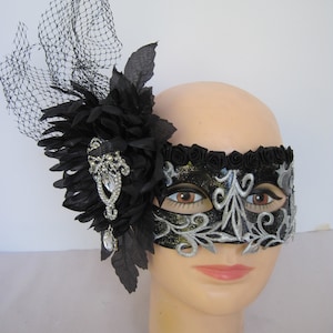 Black Mum, Crystal Medallion, Black Roses and Silver Embroidered Scrolls Masquerade Half Mask