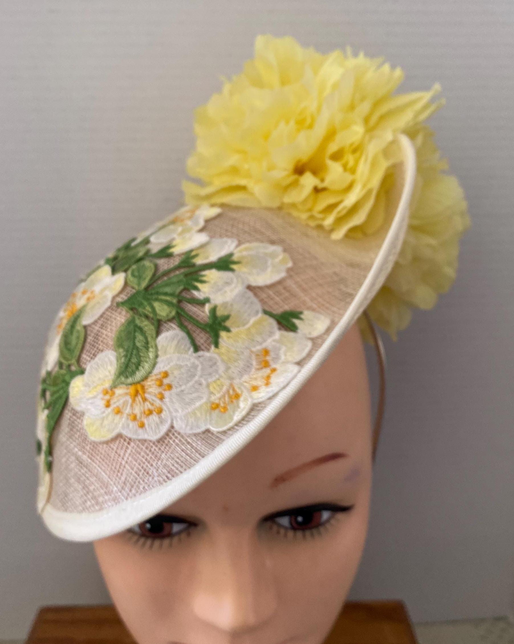 White Sinamay Hat With White & Yellow Embroidered Flowers - Etsy display picture 1