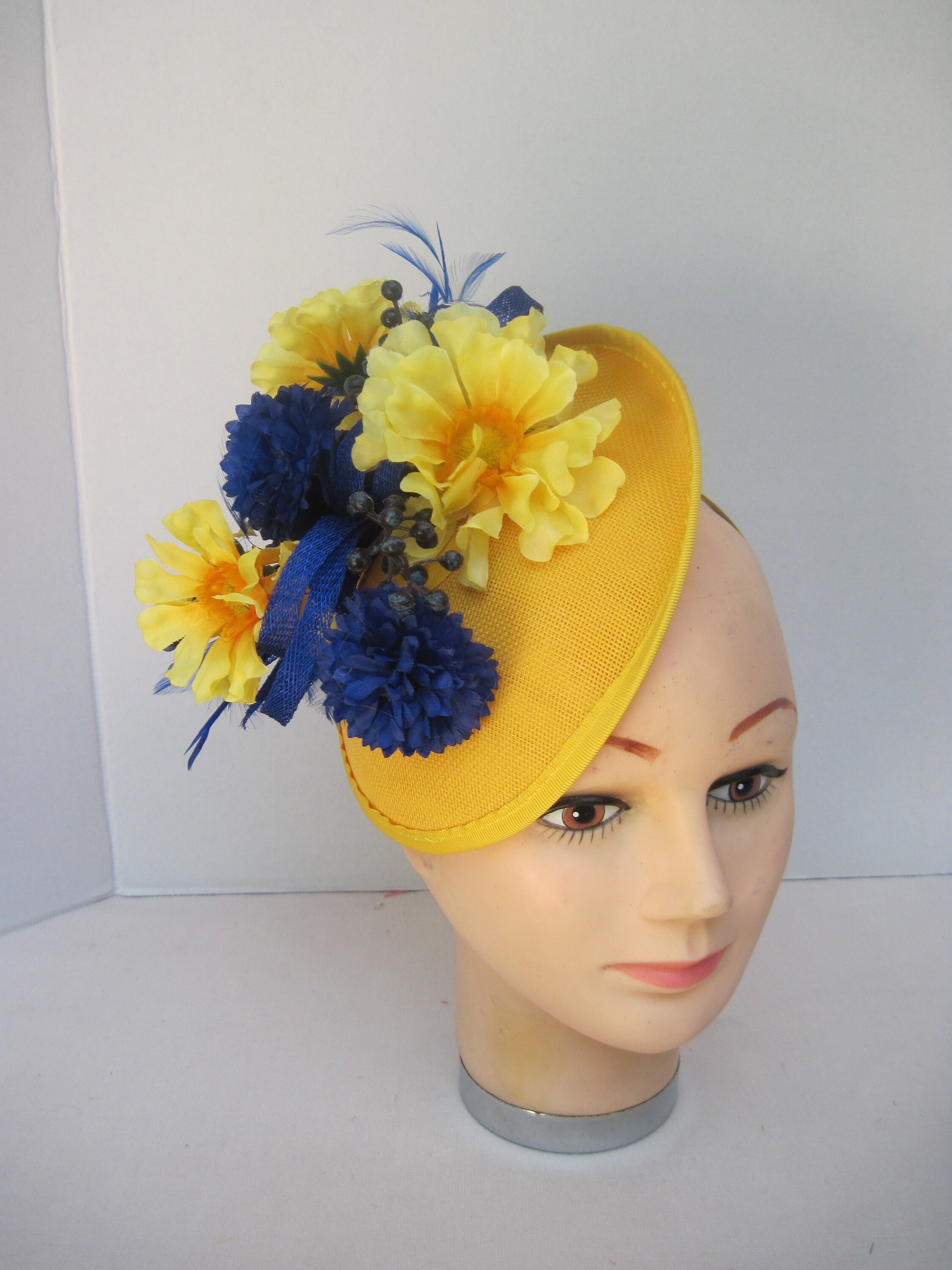 Canary Yellow Fascinator With Deep Blue 