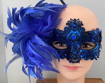 Royal Blue Feathered Mardi Gras Mask with Feathers