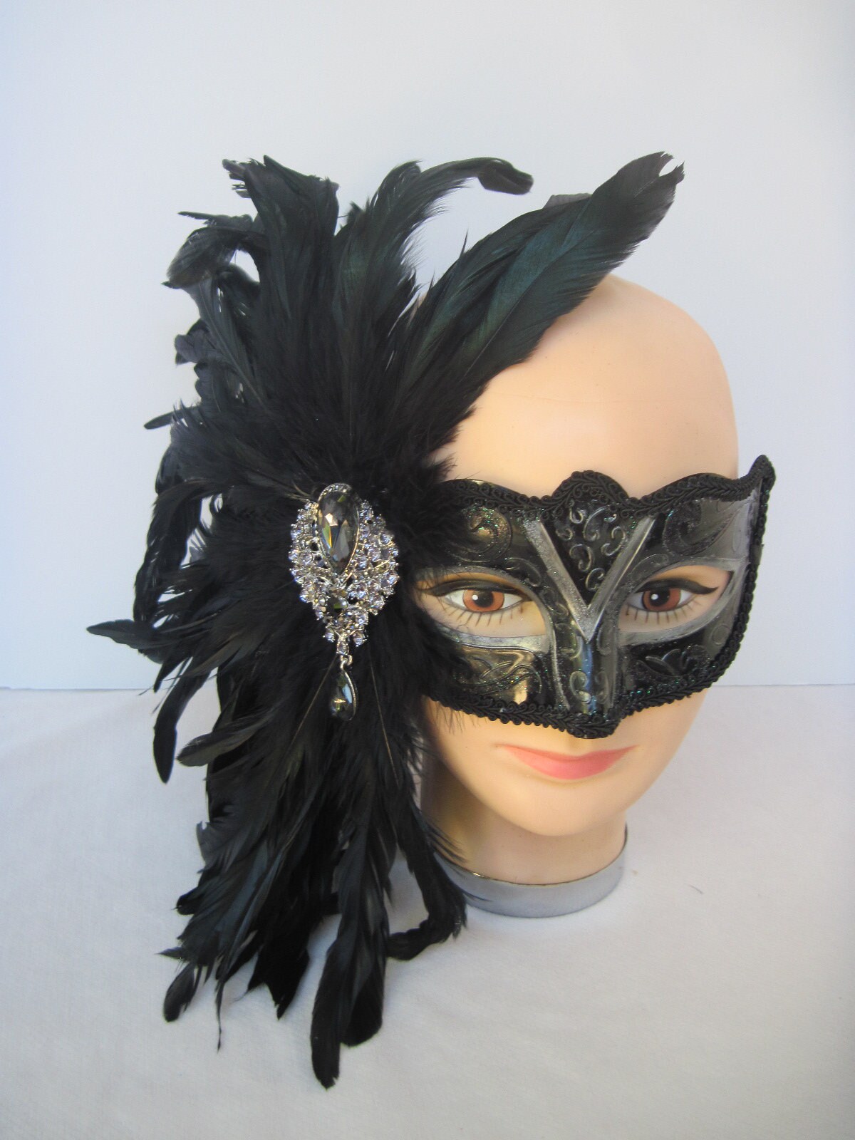 Black Metal Masquerade Mask Feathers M7139BF