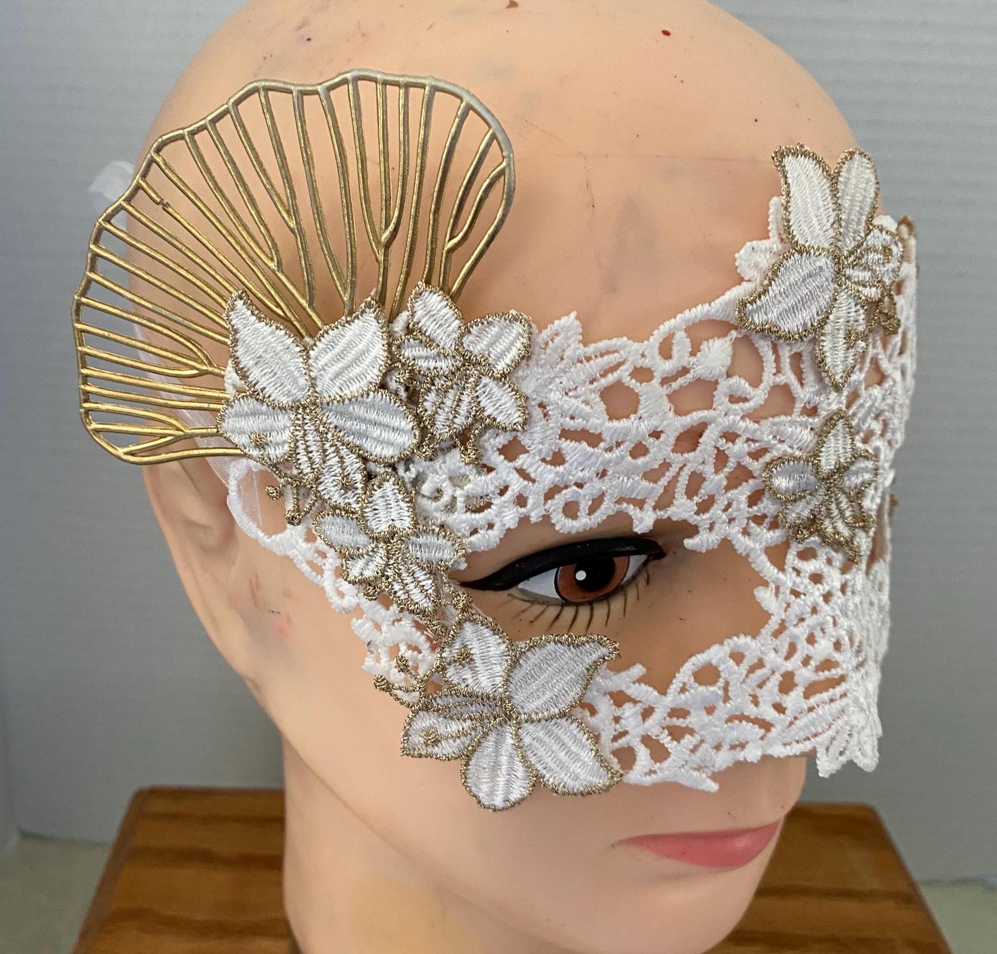 White Lace Mask With Embroidered Flowers and Gold Accents - Etsy