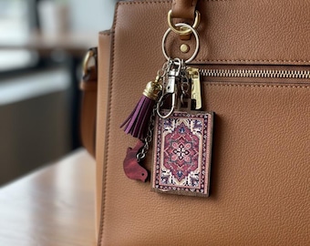 Handmade Wooden Keychain | Original Persian Rug Inspired Design | Bag Charm Accessory