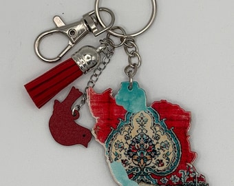 Teal & Red Persian Paisley Iran Map Keychain - Bag Charm with Tassel