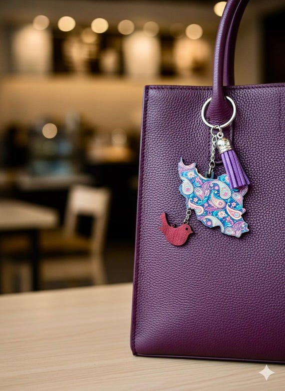 Iran Map Keychain with Paisley Pattern | Wooden Bag Charm | Iranian Heritage Gift | Elara Design