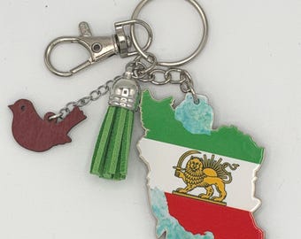 Persian Lion and Sun Map Keychain - Iran Flag Charm with Tassel