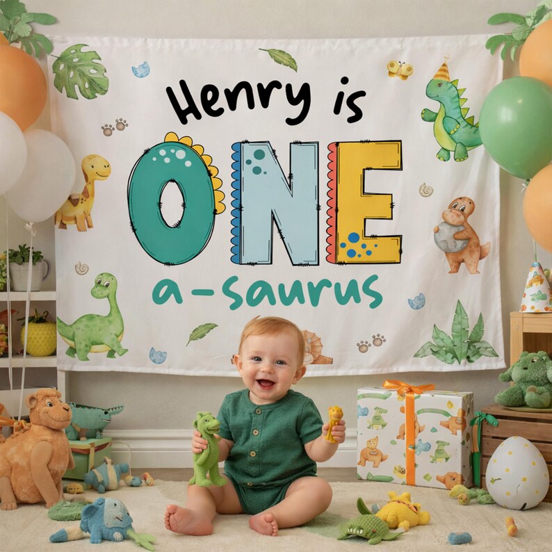 One Asaurus Design One-asaurus First Birthday Boy Birthday Outfit and Silk Banner ...