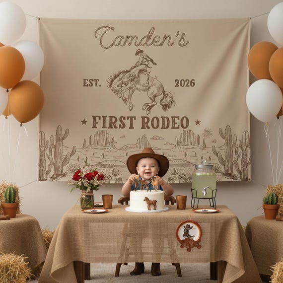 My First Rodeo Birthday Boy Silk Banner, Personalized Cowboy 1st Birthday Romper, Western Boy Party Backdrop, Custom Photo Prop