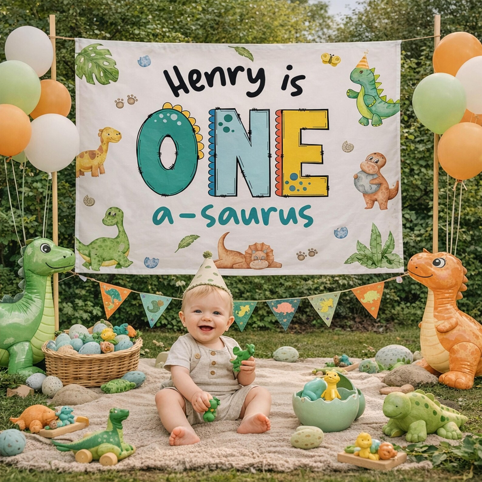 One Asaurus Design One-asaurus First Birthday Boy Birthday Outfit and Silk Banner ...