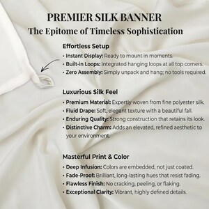 Może przedstawiać: Biały jedwabny baner z tekstem PREMIER SILK BANNER oraz The Epitome of Timeless Sophistication. Baner zawiera listy punktowane szczeg&oacute;łowo opisujące cechy takie jak Effortless Setup, Luxurious Silk Feel oraz Masterful Print & Color.