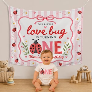 May include: A white and pink striped fabric backdrop featuring a red ladybug, white daisies, and the text "OUR LITTLE love bug IS TURNING ONE Olivia's birthday". A matching white short-sleeve bodysuit with a ladybug and "ONE" graphic is included.