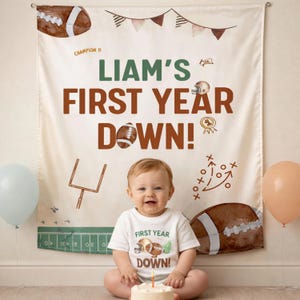 One Year Down Game On Football Boy 1st Birthday Silk Banner And Romper, Rookie Year Football Birthday Decor, First Down Birthday Backdrop