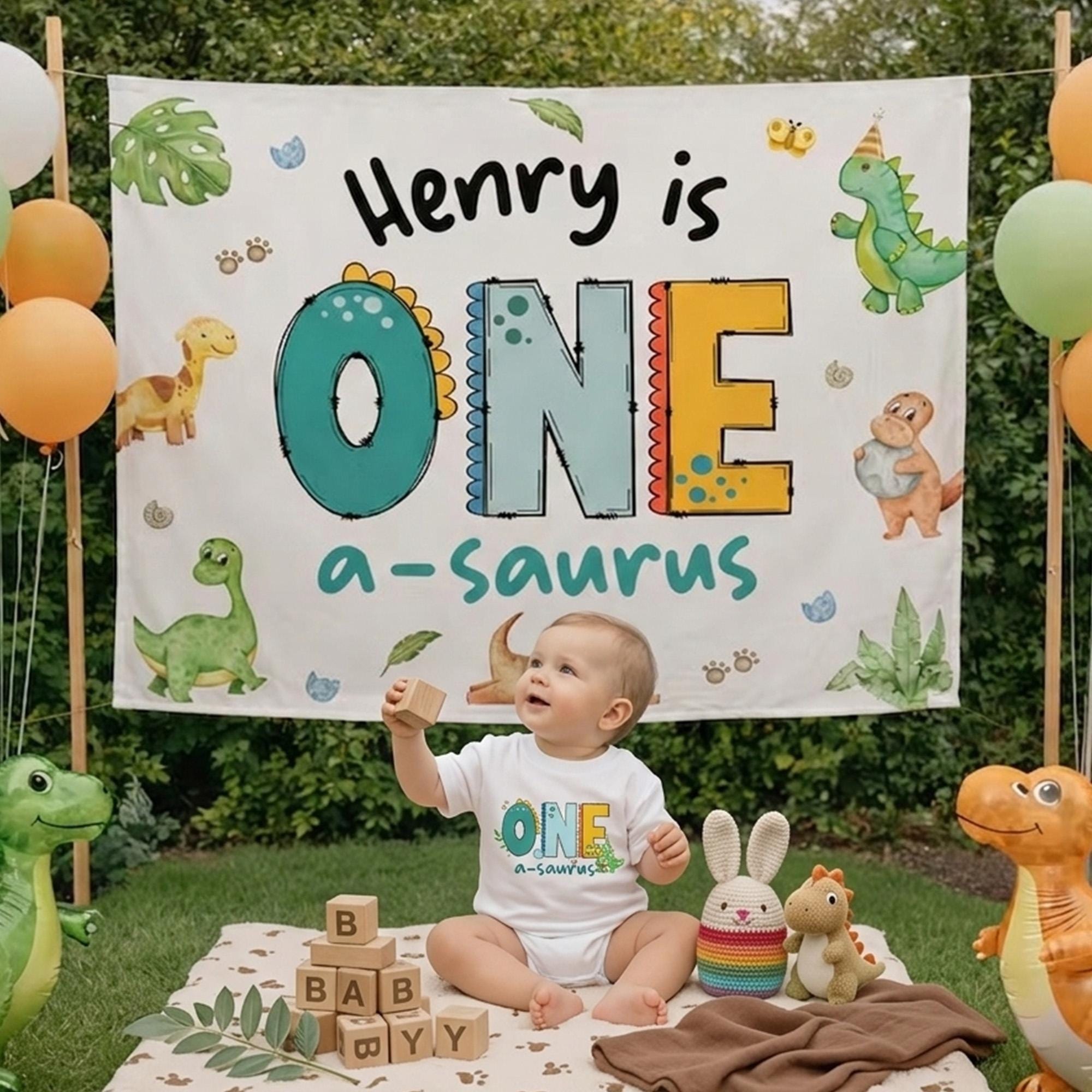One Asaurus Design One-asaurus First Birthday Boy Birthday Outfit and Silk Banner ...