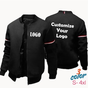 May include: Black bomber jacket with white "LOGO" text on the front and "Customize Your Logo" on the back. Features red and white stripes on the sleeves. Available in 3 colors, sizes S-4XL.
