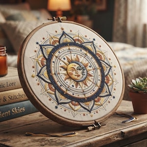May include: A circular wooden embroidery hoop containing fabric with a detailed stitched design of a sun and moon face surrounded by a geometric mandala pattern in shades of blue, gold, and cream, featuring intricate radial lines.