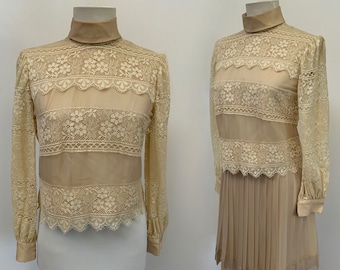 60’s Victorian Style Lace / Chiffon Blouse & Knife Pleated Skirt Set Mod Victoriana Boho Wedding