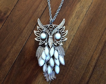 70's Owl Necklace Pendant Silver Tone Long / Hippie / Boho / Jewelry / Statement / Witch / Halloween