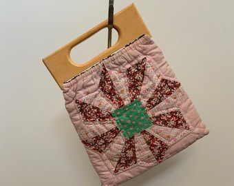 60’s / 70’s Pinwheel Quilt Patchwork Wood Handle Purse Calico Boho Hippie Clutch Quilted