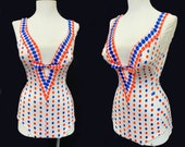 70 s Once Piece Polkadot Bow Swimsuit Red White Blue Plunging Bodysuit Bathing Pin Up Rockabilly Bombshell