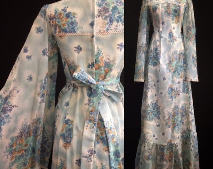 70/'s Blue Floral Bell Sleeve Dress Gown Hippie Boho Medieval Renaissance SCA Festival Prom Formal Angel