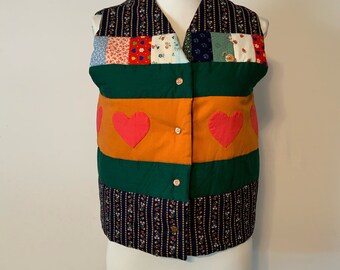 70’s Quilted Calico Hearts Patchwork Reversible Puffer Vest