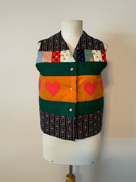 70’s Quilted Calico Hearts Patchwork Reversible P… - image 1