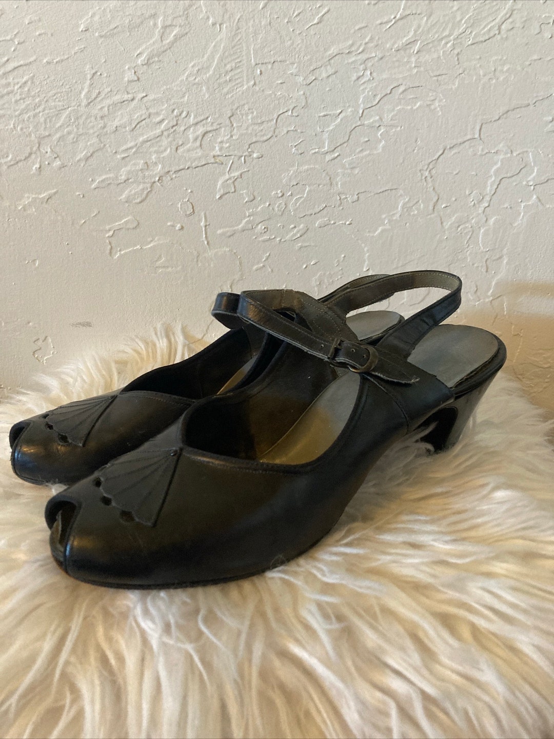 1920s Peeptoe Flapper Heels Mary Jane Spanish Fan Black Leather - Etsy
