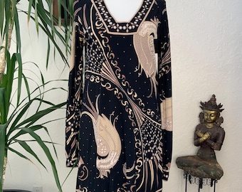1960’s Emilio Pucci Black Bird Print Long Sleeve Silk Mini Dress Long Lantern Sleeve Mod Designer