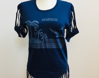 Early 80’s Dead Stock Acapulco Mexico Cut Fringe Vintage Souvenir T Shirt Tee Beach Cover Up Boho Medium