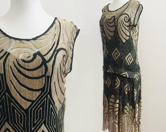 1920’s Sheer Drop Waist Scalloped Lace Dress Egyptian Revival Flapper Antique
