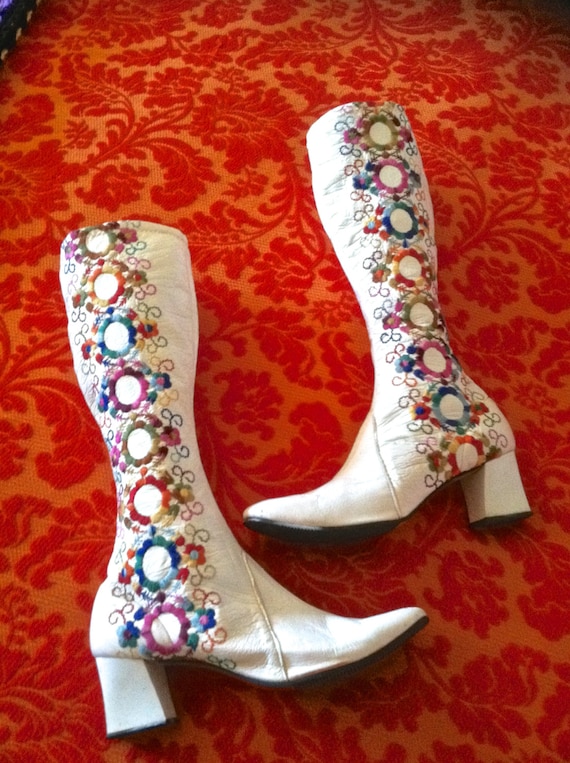 1960's White Vinyl Tall Boots Colorful Floral Embr