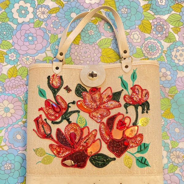 Vintage 60s Jeweled Sequin Rose Canvas Handbag Mod Bucket Purse 1960s