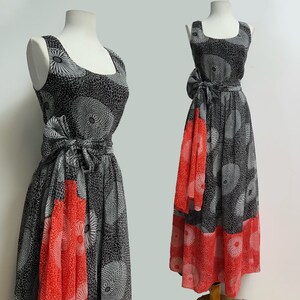 60’s Miss Elliette Sheer Dahlia Print Gown Tied Sash Belt Dress Red Black White Formal Rockabilly VLV Floral Long Maxi