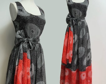 60’s Miss Elliette Sheer Dahlia Print Gown Tied Sash Belt Dress Red Black White Formal Rockabilly VLV Floral Long Maxi
