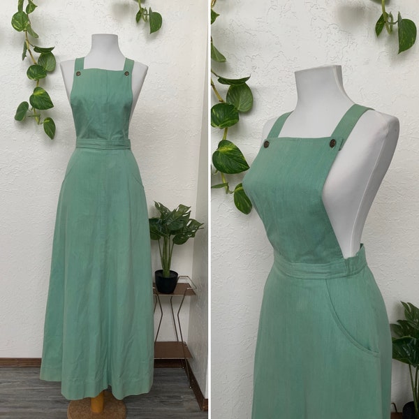 70’s Mint Green Denim Overall Jumper Maxi Pinafore Dress Skirt Bib Front Pockets Handmade Boho Hippie Jean
