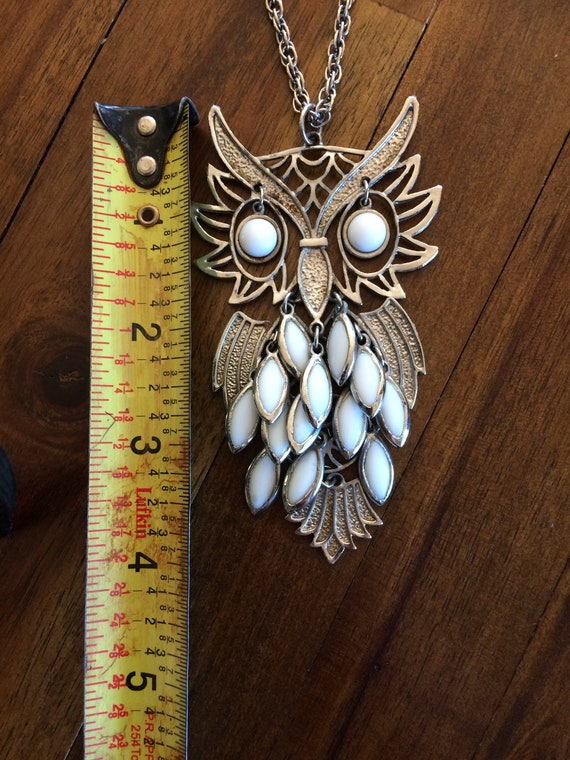 70's Owl Necklace Pendant Silver Tone Long / Hipp… - image 8