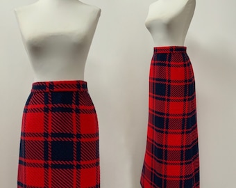 70’s Red Navy Plaid Slim Maxi Skirt Long / Mod / Hobble / High Waist / Small