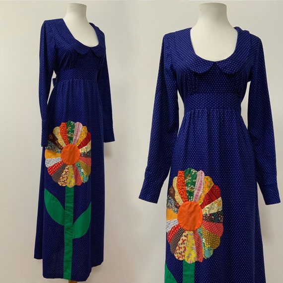 70’s Navy Swiss Dot Patchwork Daisy Maxi Dress Han