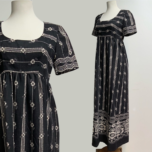 Fin des années 60 Fait à la main Regency Floral Border Stripe Empire Waist Maxi Dress Boho Hippie Mod Robe longue