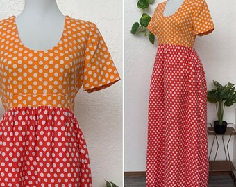 70’s Empire Waist Polkadot Maxi Dress Long White Orange Hand Made Mod