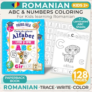 May include: A Romanian ABC and numbers colouring book for children, with a blue cover displaying the word "Alfabet" and illustrations. Includes 128 pages and two laminated ABC sheets. Suitable for children aged 2+.
