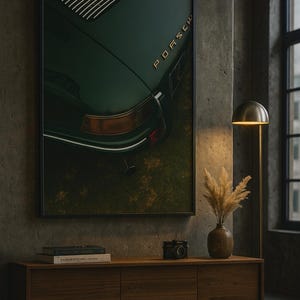 May include: Framed print of a dark green Porsche 911, showcasing the rear with the word "Porsche" in gold lettering. The print is displayed above a wooden cabinet with a camera, books, and a vase with dried plants. A floor lamp is to the right.