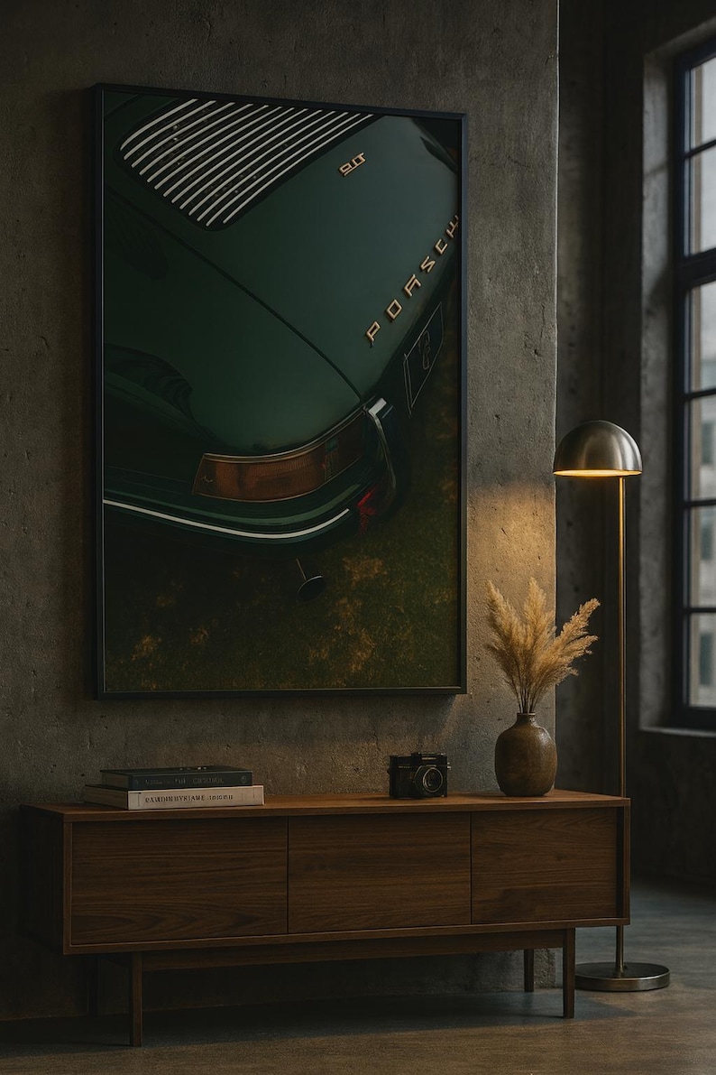 May include: Framed print of a dark green Porsche 911, showcasing the rear with the word "Porsche" in gold lettering. The print is displayed above a wooden cabinet with a camera, books, and a vase with dried plants. A floor lamp is to the right.