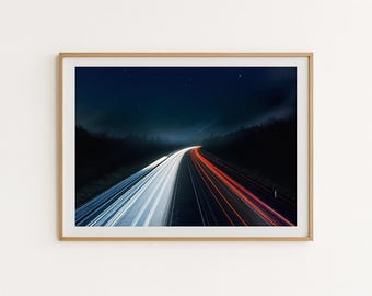Night Highway Light Trails Photography Print – Long Exposure Wall Art