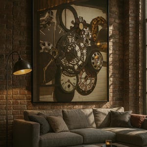 May include: Large framed artwork featuring a collage of antique clock faces and gears. The artwork has a dark, industrial aesthetic, with a focus on the intricate details of the clock mechanisms. The background is a brick wall.