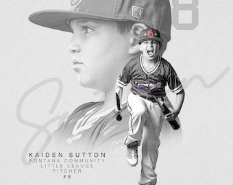 May include: Black and white image of a young baseball player in uniform, running with a bat. The image includes a profile of the player wearing a baseball cap. Text on the image reads "KAIDEN SUTTON, FONTANA COMMUNITY, LITTLE LEAUGE, PITCHER, #8."