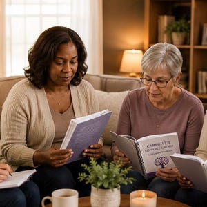 Op de afbeelding: Vier vrouwen zitten en lezen en schrijven. Twee vrouwen houden open boeken vast met de tekst "CAREGIVER SUPPORT GROUP". Een kleine potplant en een brandende kaars staan op de tafel.