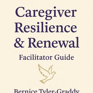 Könnte beinhalten: Buchcover mit cremefarbenem Hintergrund und dem Titel "Caregiver Resilience & Renewal Facilitator Guide" in dunklem Lila. Unter dem Titel befindet sich eine goldene Taubengrafik, und der Name des Autors steht unten. Der obere Teil hat ein lila Band.