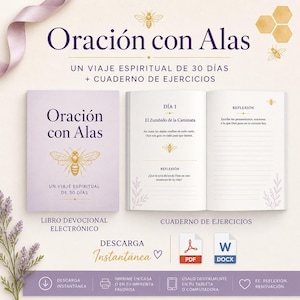 May include: A devotional book and exercise journal titled "Oración con Alas" (Prayer with Wings) with a bee graphic. The book is purple with gold accents and the journal is open to a page with text. The image also includes icons for digital download.